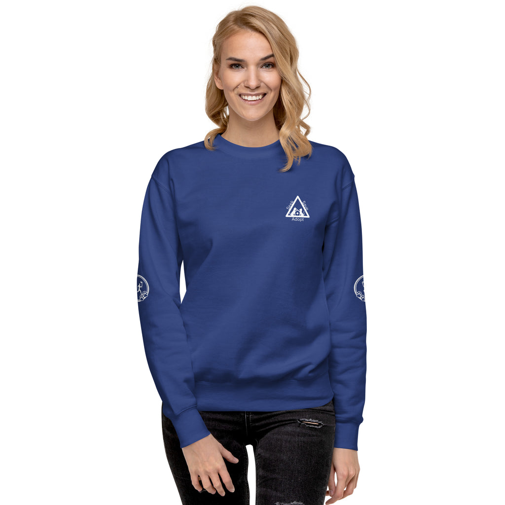 Front of sweatshirt: Small graphic on the chest area depicts a dog and a cat in a triangle, touching paws over a medical cross. The words 'Seek Save Adopt' surround the triangle.