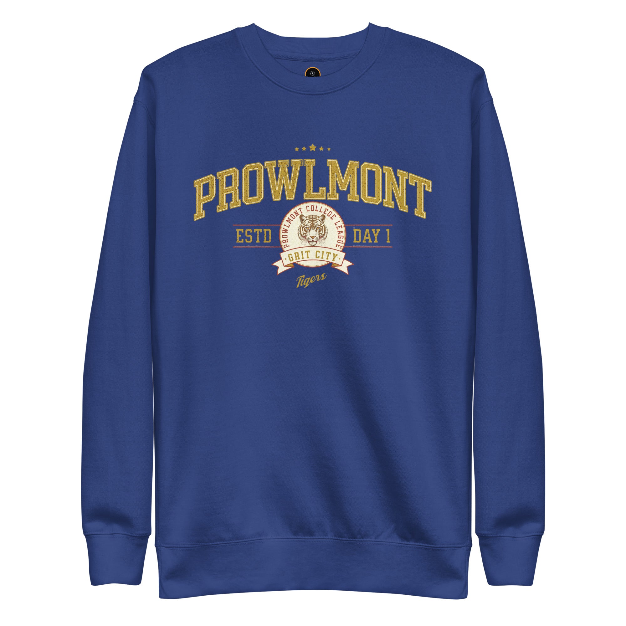 Royal blue varsity style sweatshirt with yellow 'Prowlmont Grit City Tigers' text and tiger logo on a white background