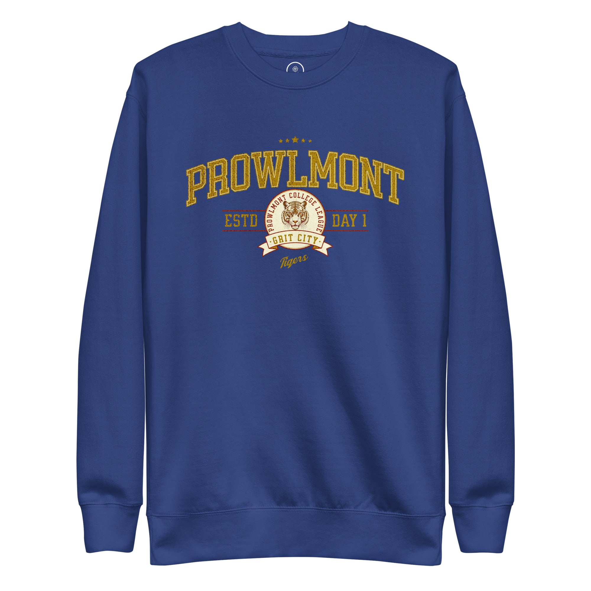 Royal blue varsity sweatshirt with yellow 'Prowlmont Grit City Tigers' tiger graphic