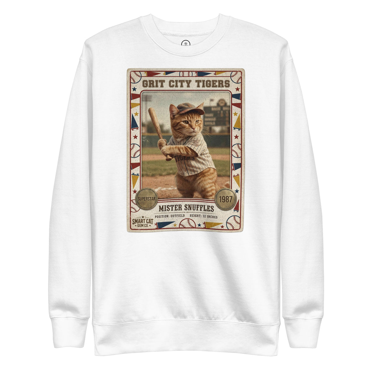 White sweatshirt with the Mister Snuffles Grit City Tigers baseball card graphic on the chest