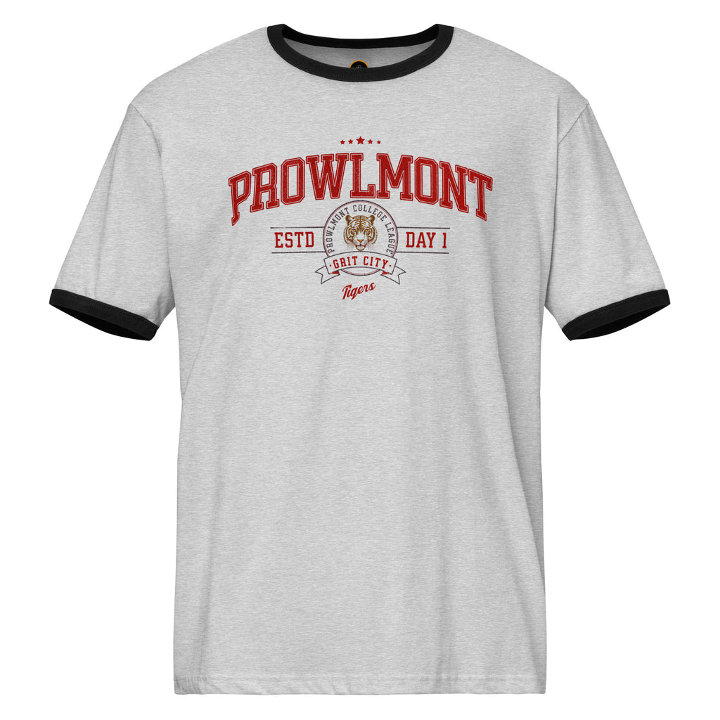 Light gray Varsity style ringer t-shirt with 'Prowlmont Grit City Tigers' text and tiger logo on a white background