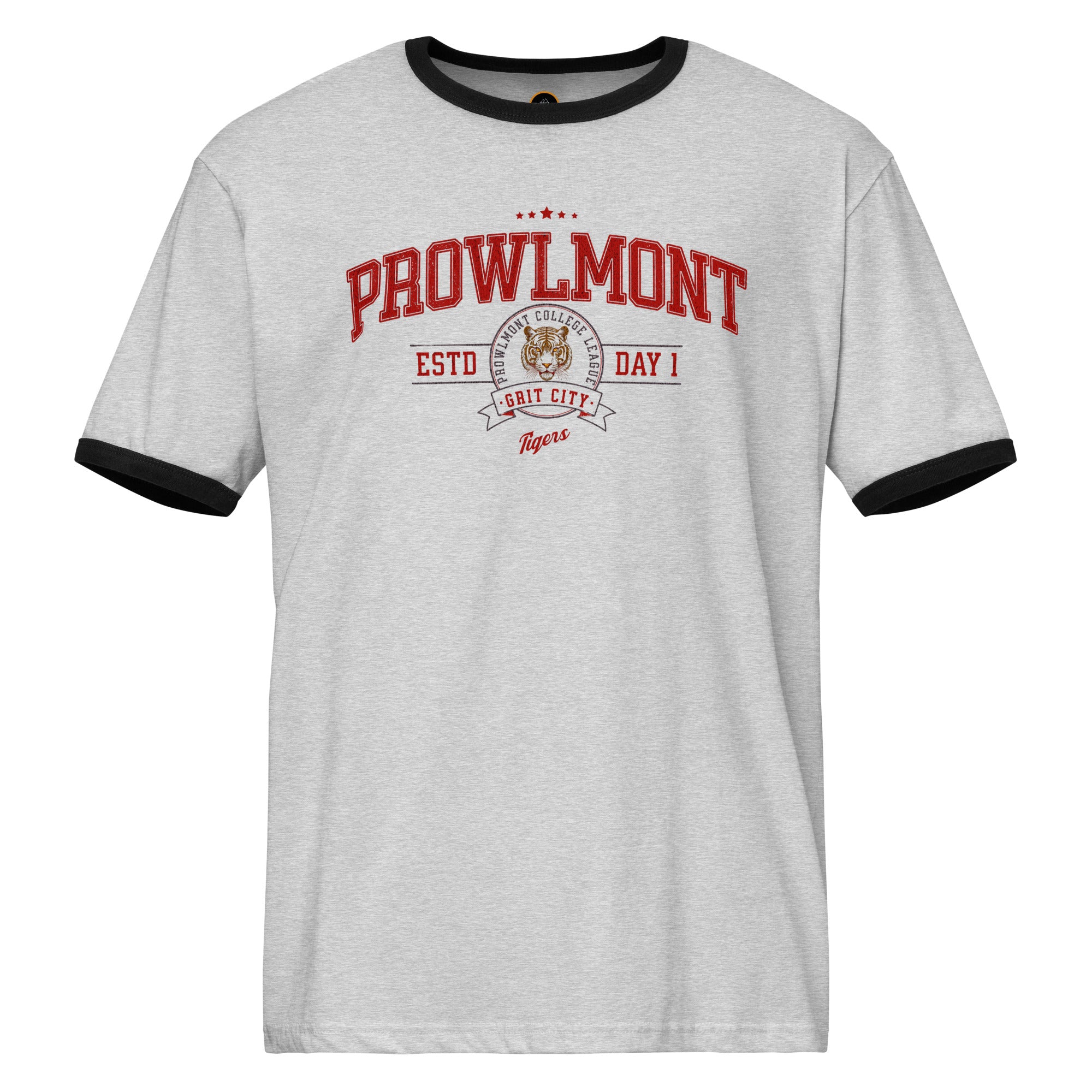 Light gray Varsity style ringer t-shirt with 'Prowlmont Grit City Tigers' text and tiger logo on a white background