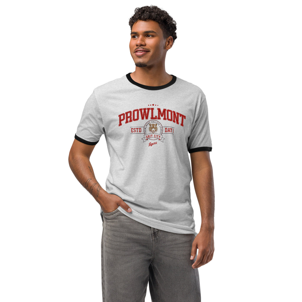 Model wearing a light gray varsity style ringer t-shirt with 'Prowlmont Grit City Tigers' text and tiger logo on a white background