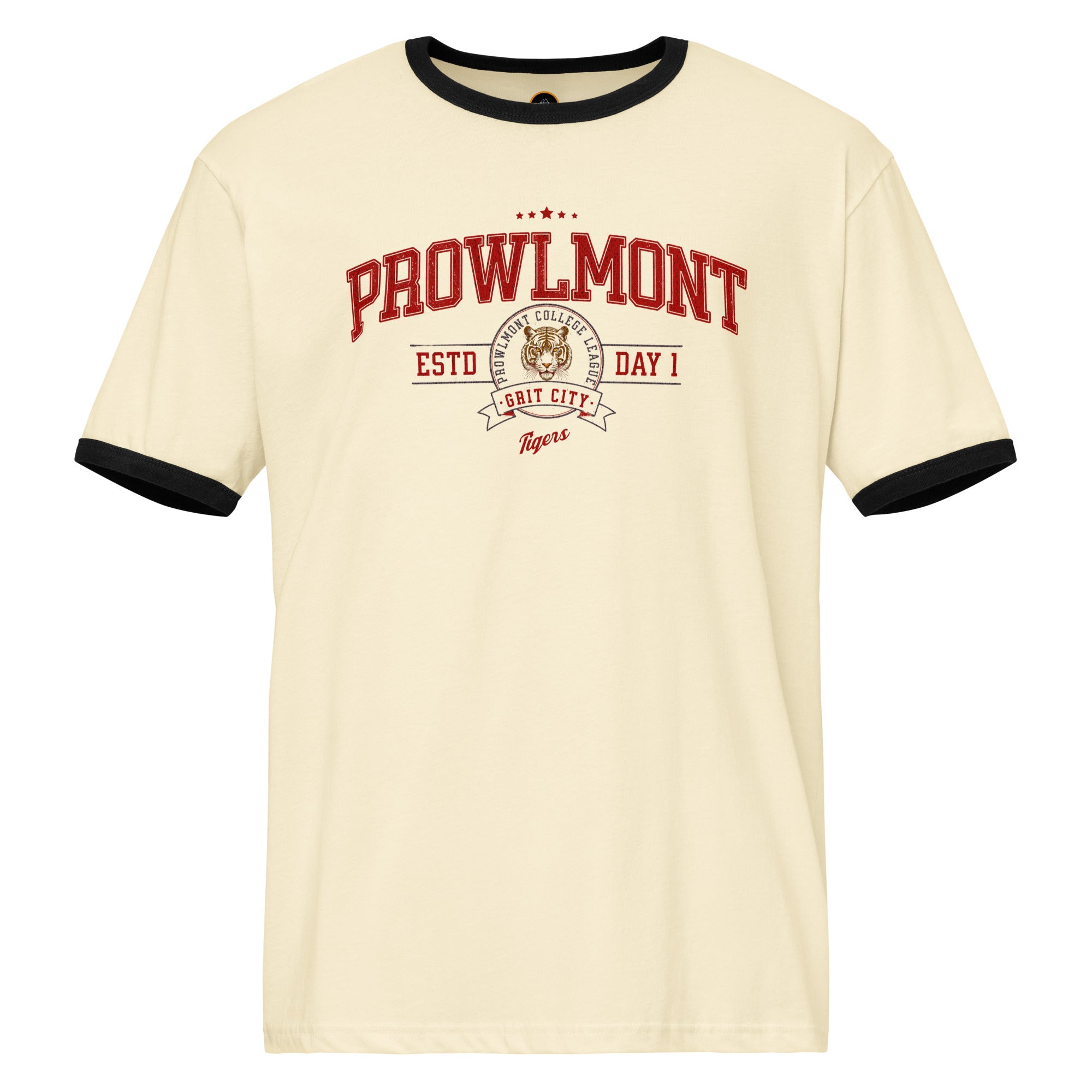Beige varsity style ringer t-shirt with 'Prowlmont Grit City Tigers' text and tiger logo on a white background