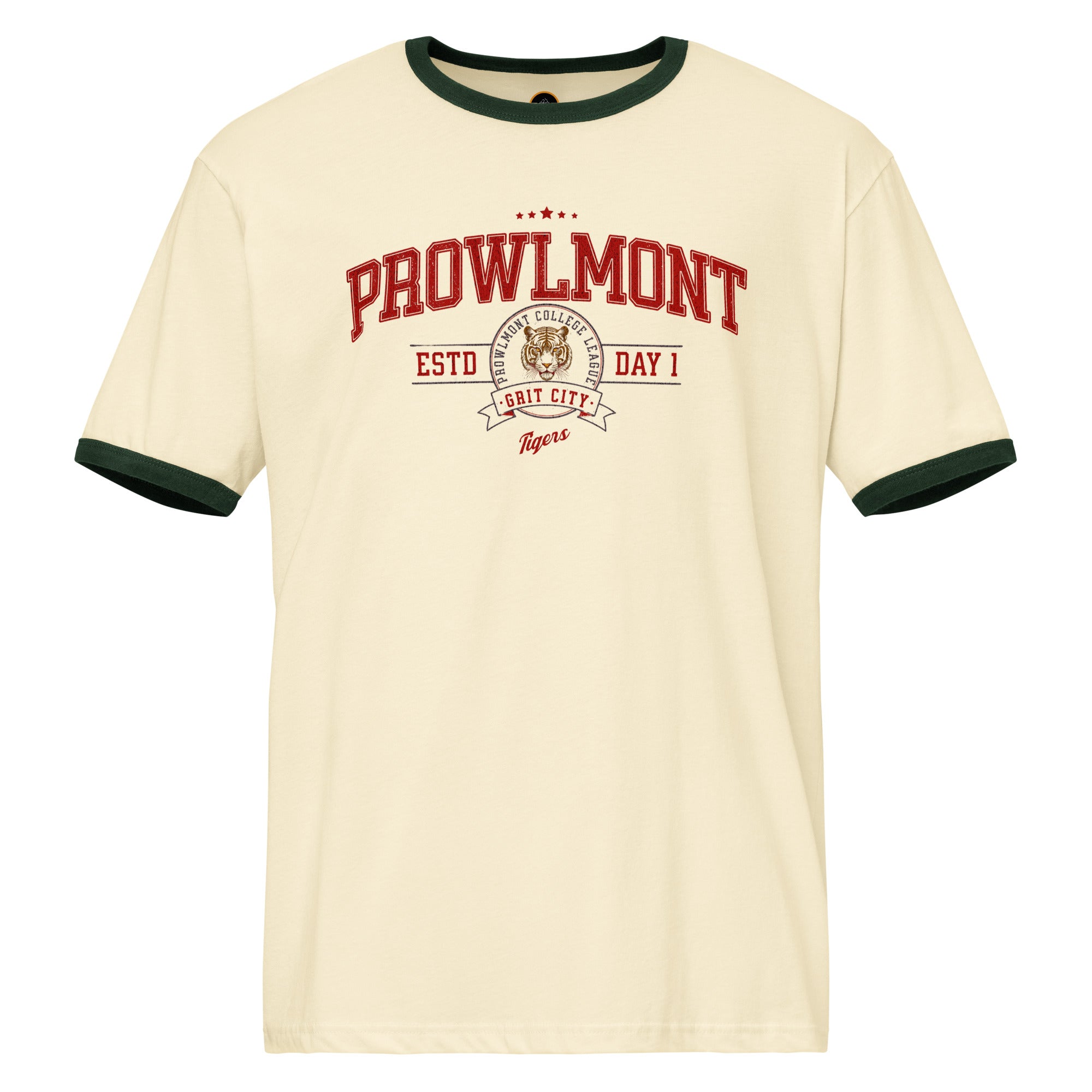 Beige varsity style ringer t-shirt with 'Prowlmont Grit City Tigers' text and tiger logo on a white background