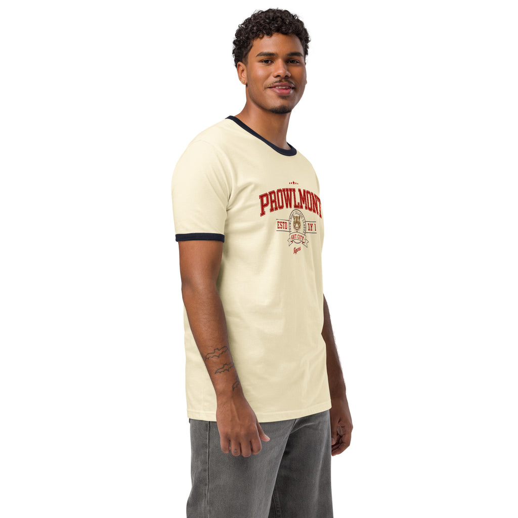 Model wearing a beige varsity style ringer t-shirt with 'Prowlmont Grit City Tigers' text and tiger logo on a white background