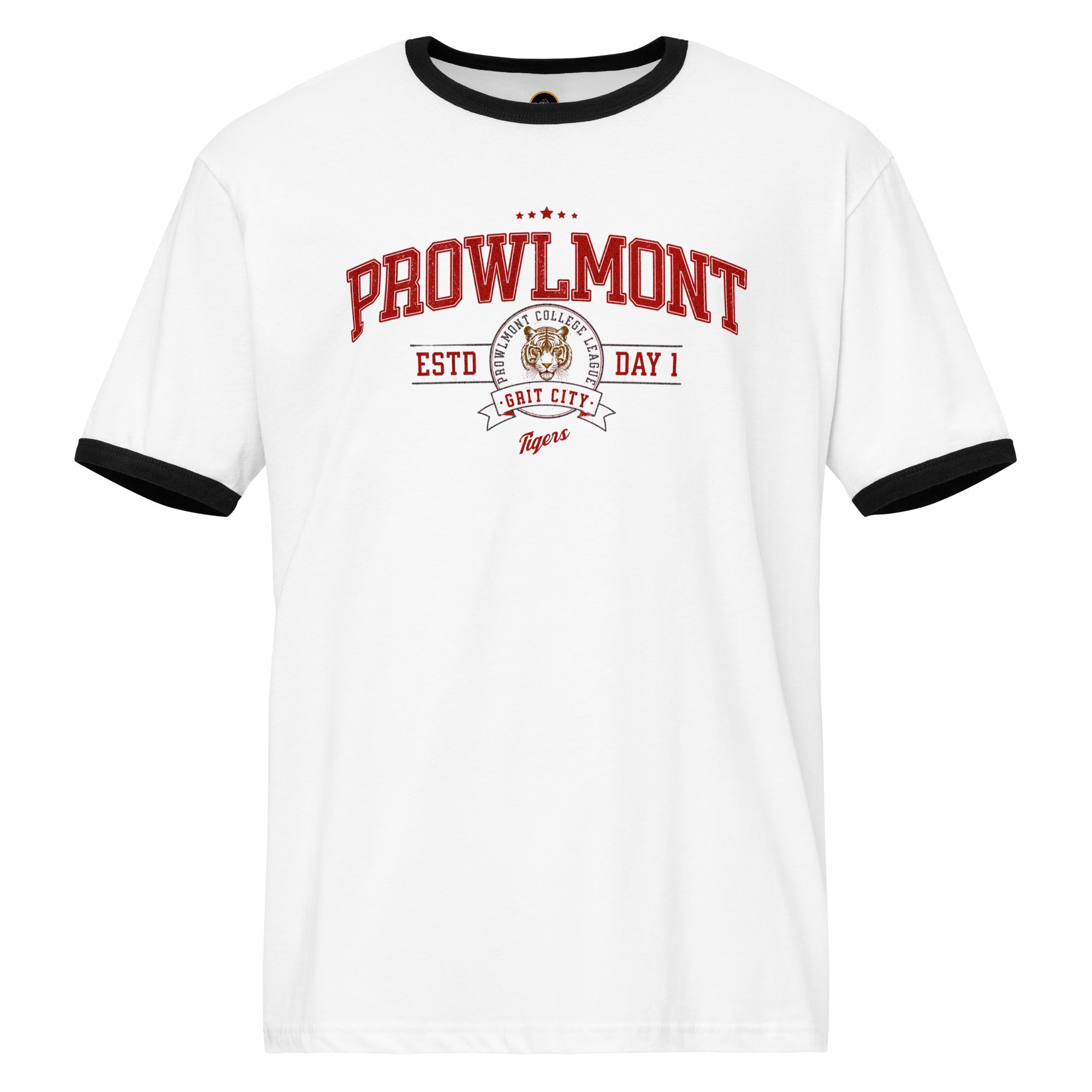 White varsity style ringer t-shirt with 'Prowlmont Grit City Tigers' text and tiger logo on a white background
