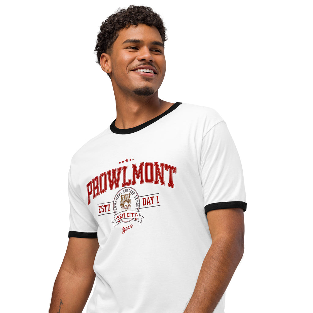 Model wearing a white varsity style ringer t-shirt with 'Prowlmont Grit City Tigers' text and tiger logo on a white background
