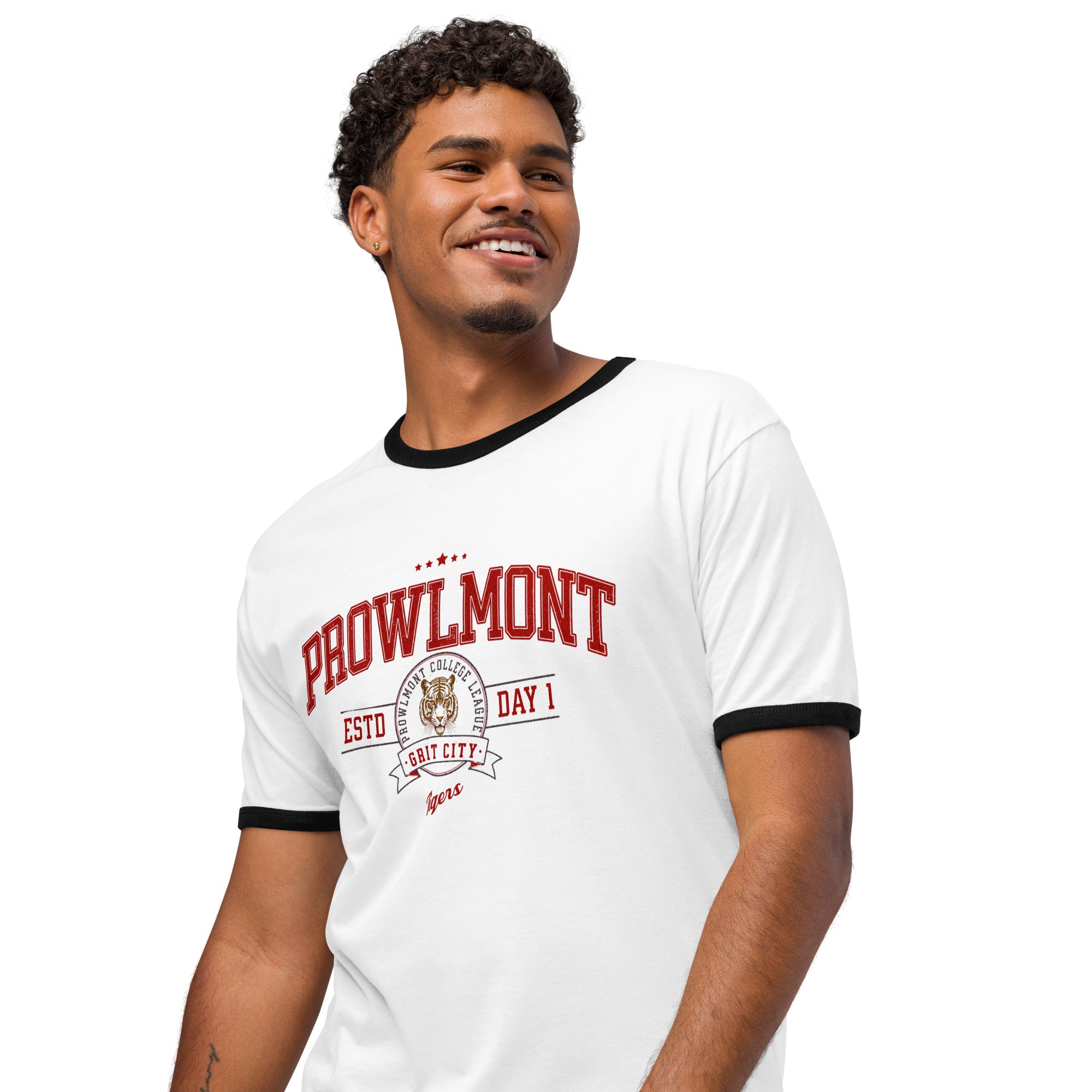 Model wearing a white varsity style ringer t-shirt with 'Prowlmont Grit City Tigers' text and tiger logo on a white background