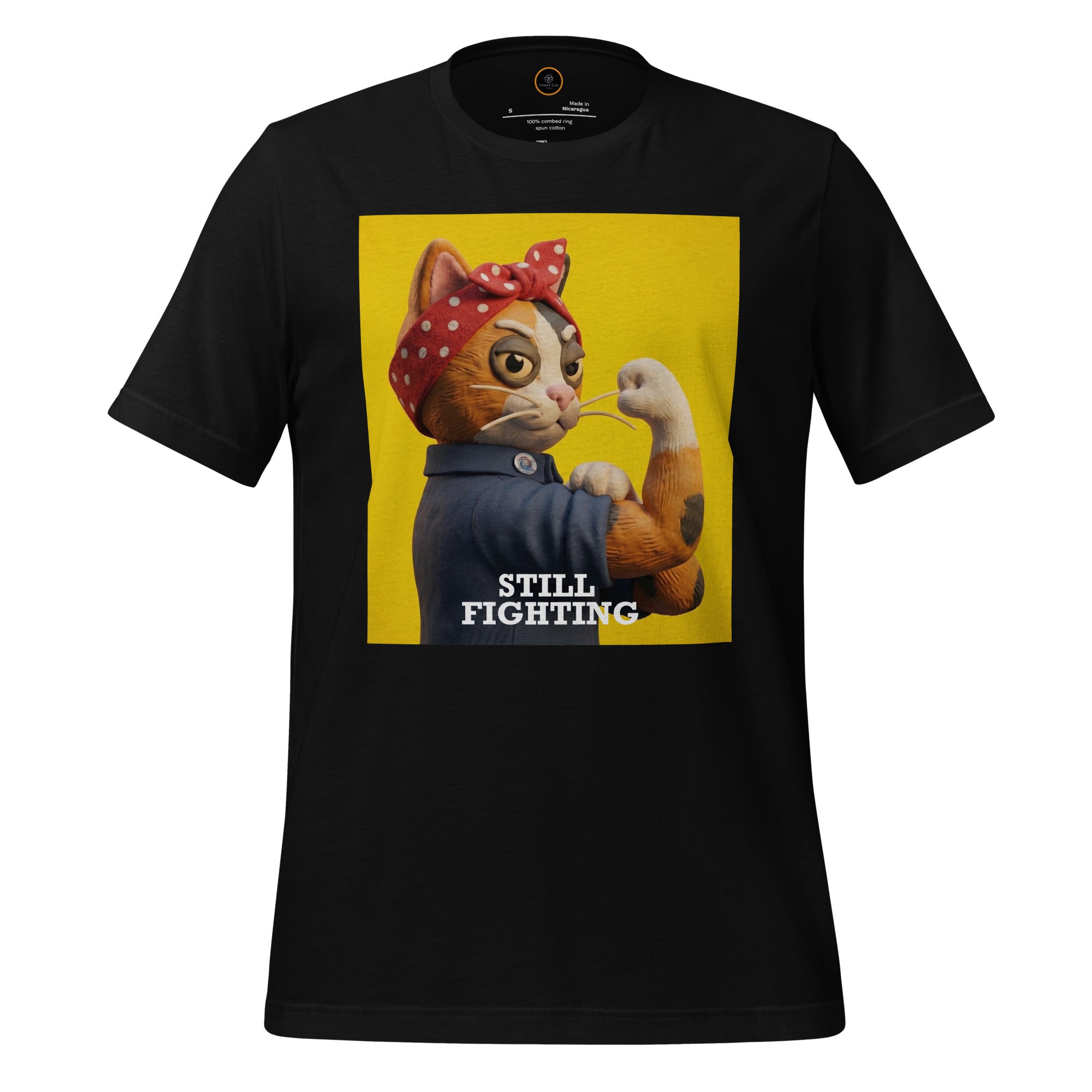Black Still Fighting T-Shirt with multicolor pop-art graphic