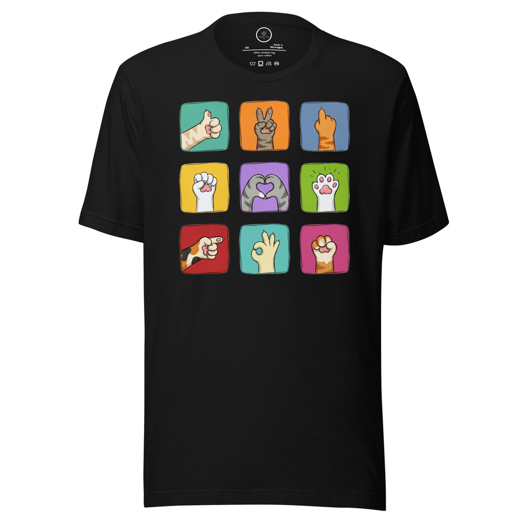 Black t-shirt front view with colorful paw signals graphic grid