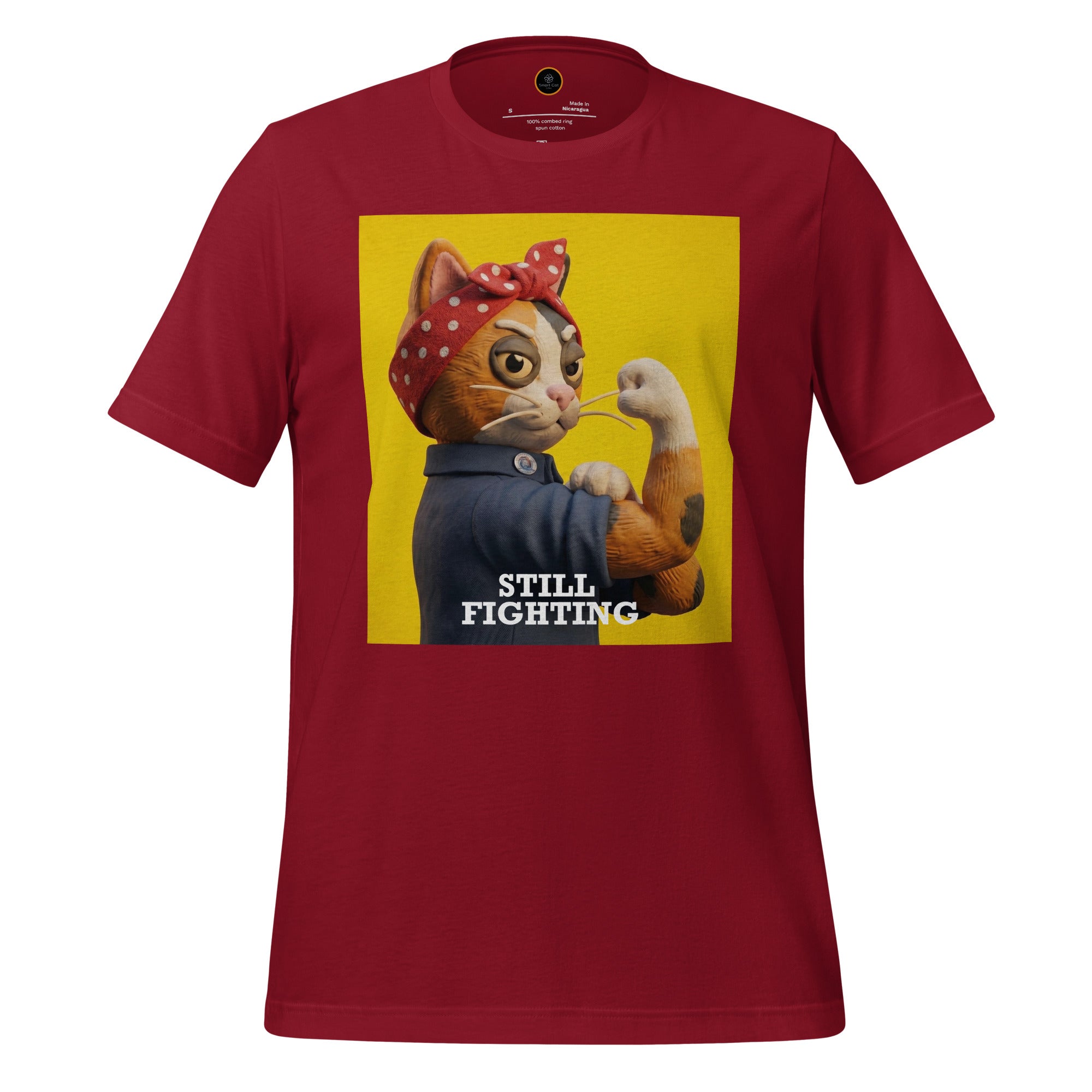 Red Still Fighting T-Shirt with multicolor pop-art graphic