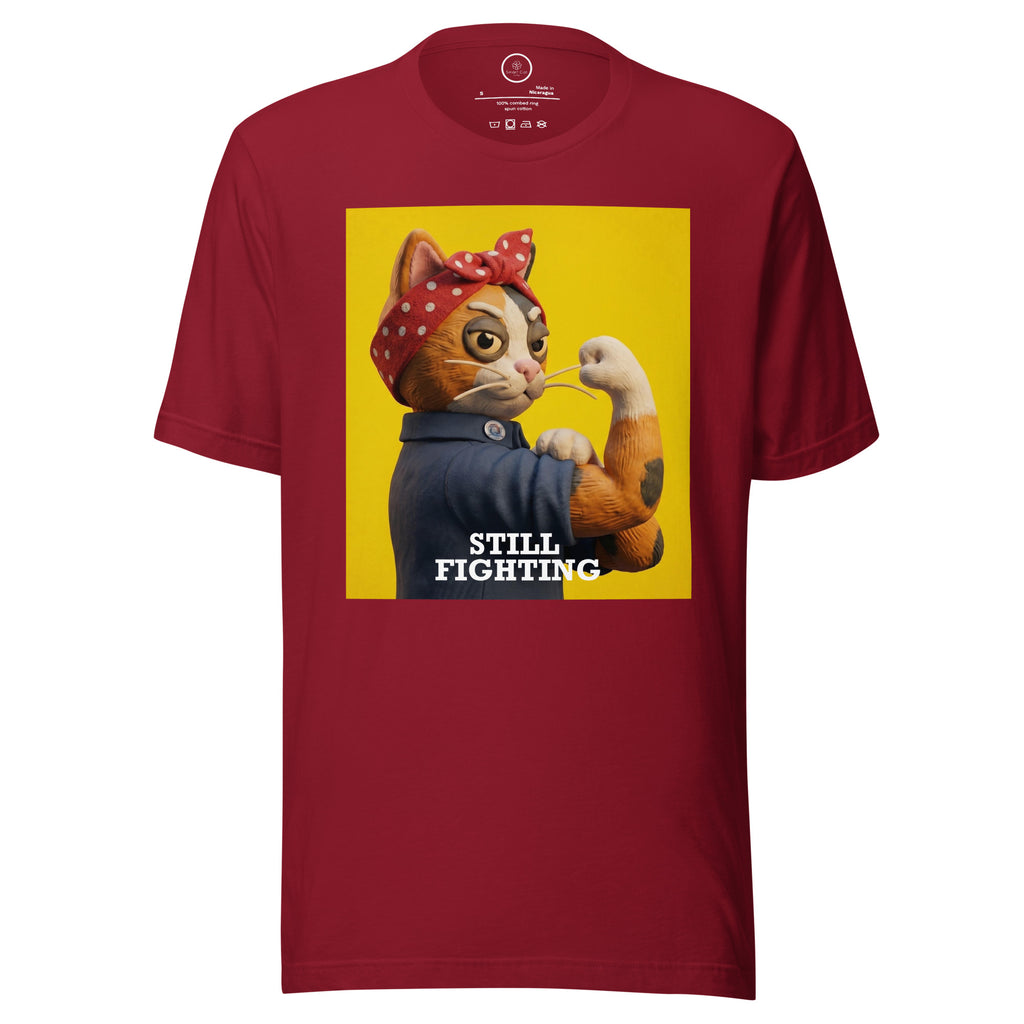 Red Still Fighting T-Shirt with multicolor pop-art graphic