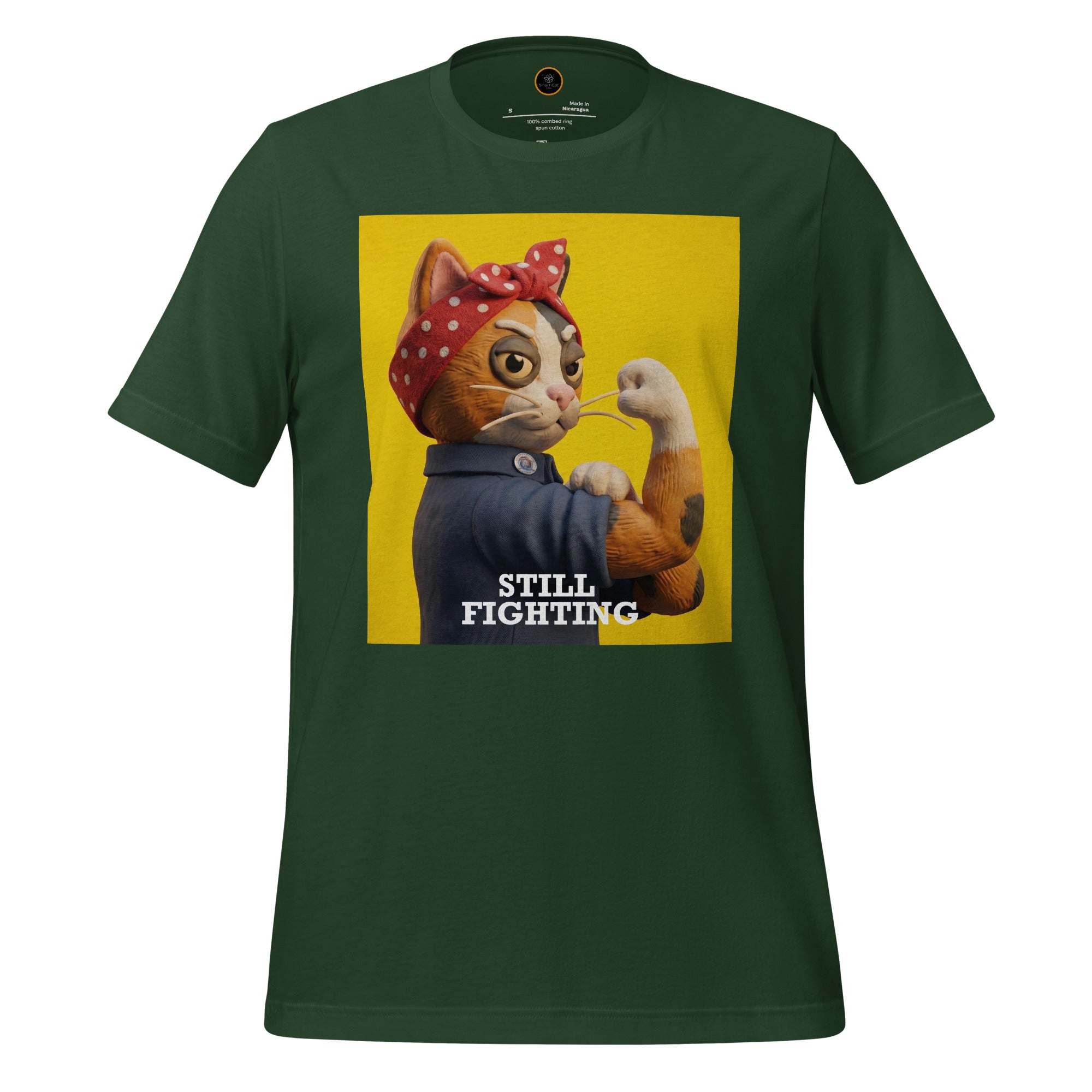 Forest Green Still Fighting T-Shirt with multicolor pop-art graphic
