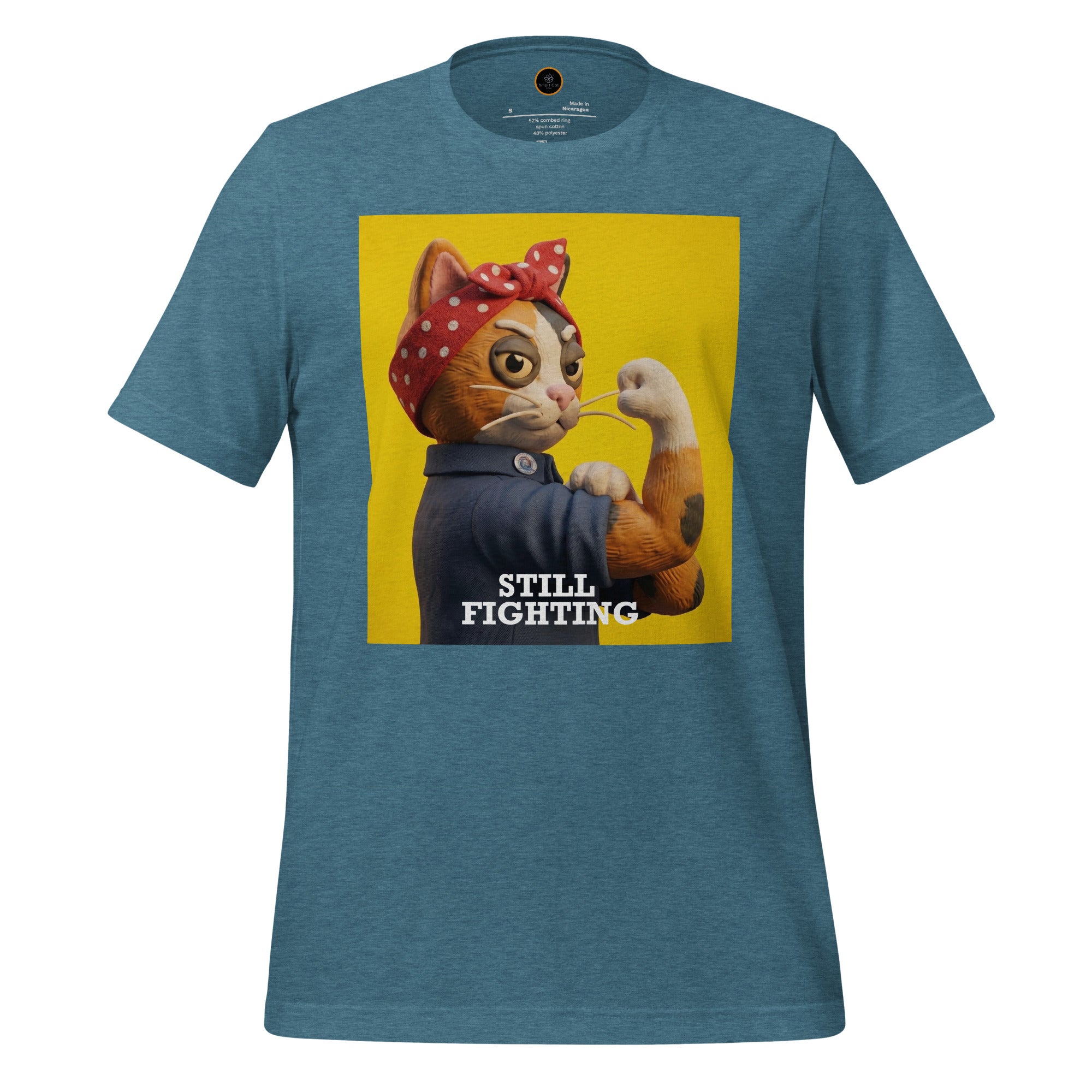 Teal Still Fighting T-Shirt with multicolor pop-art graphic