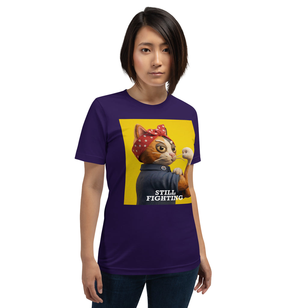 Model wearing Purple Still Fighting T-Shirt with multicolor pop-art graphic