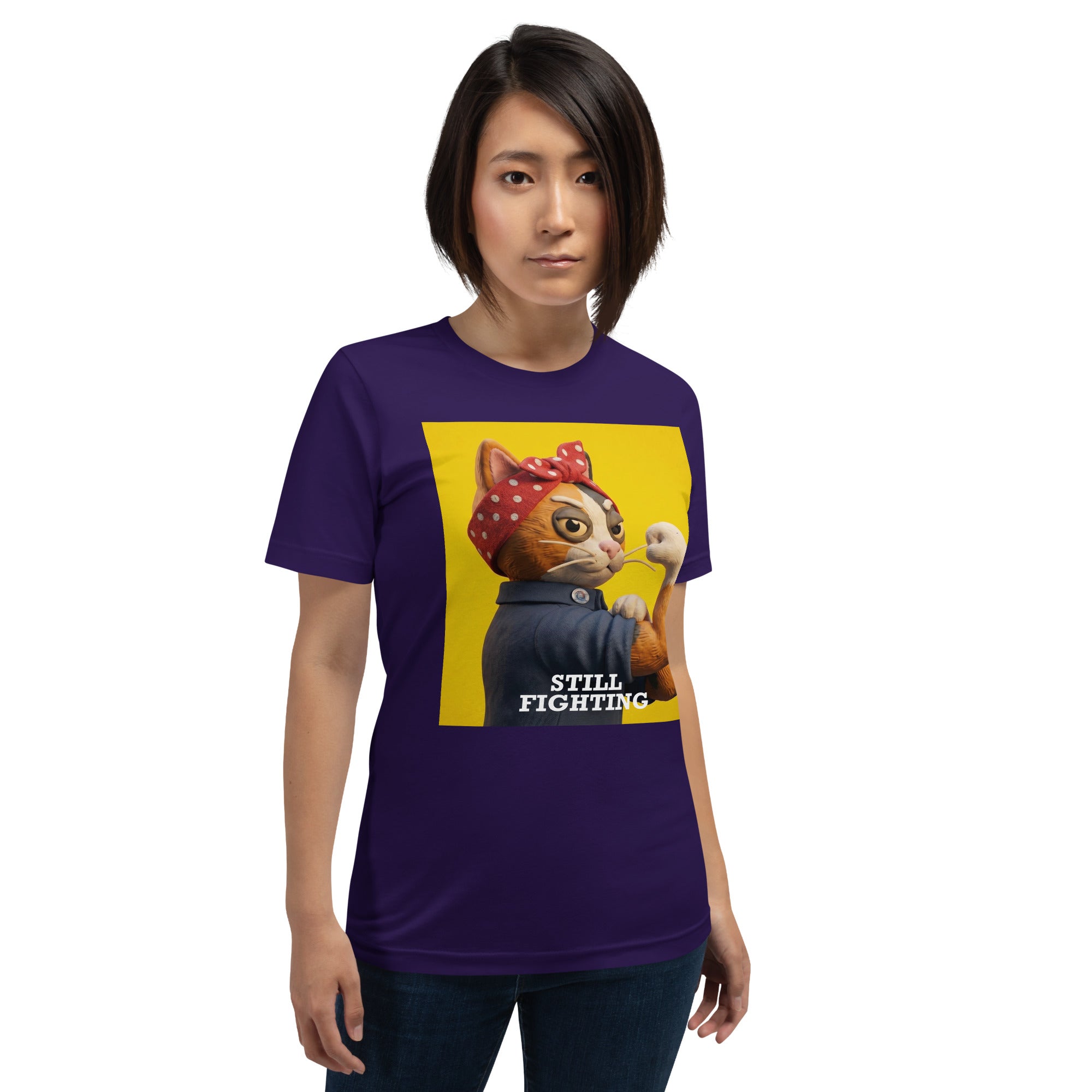Model wearing Purple Still Fighting T-Shirt with multicolor pop-art graphic
