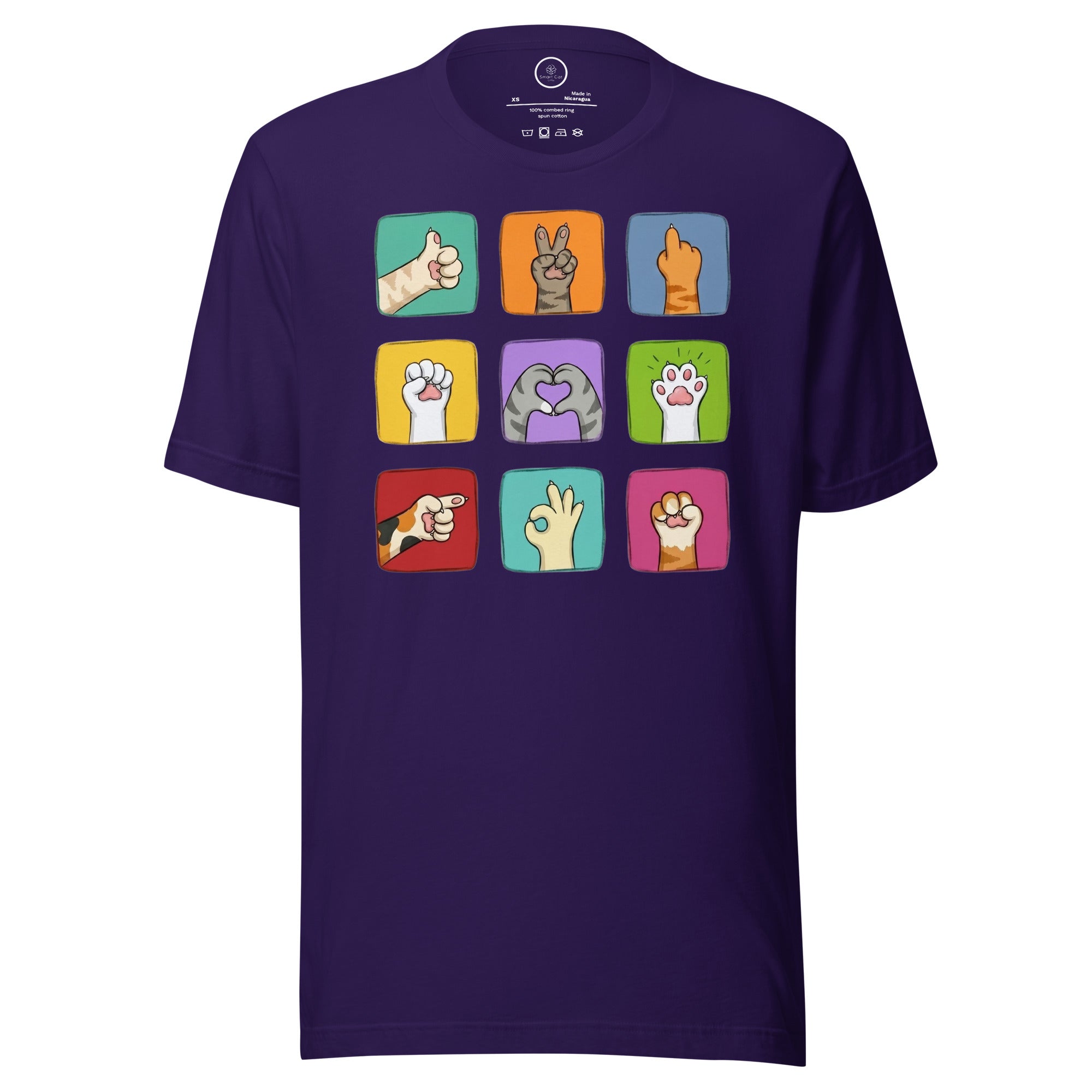 Purple t-shirt front view with colorful paw signals graphic grid