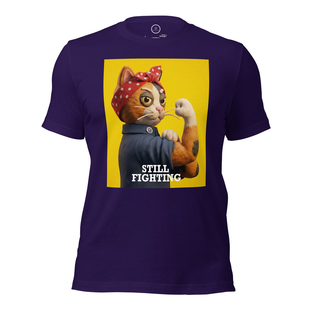 Purple Still Fighting T-Shirt with multicolor pop-art graphic