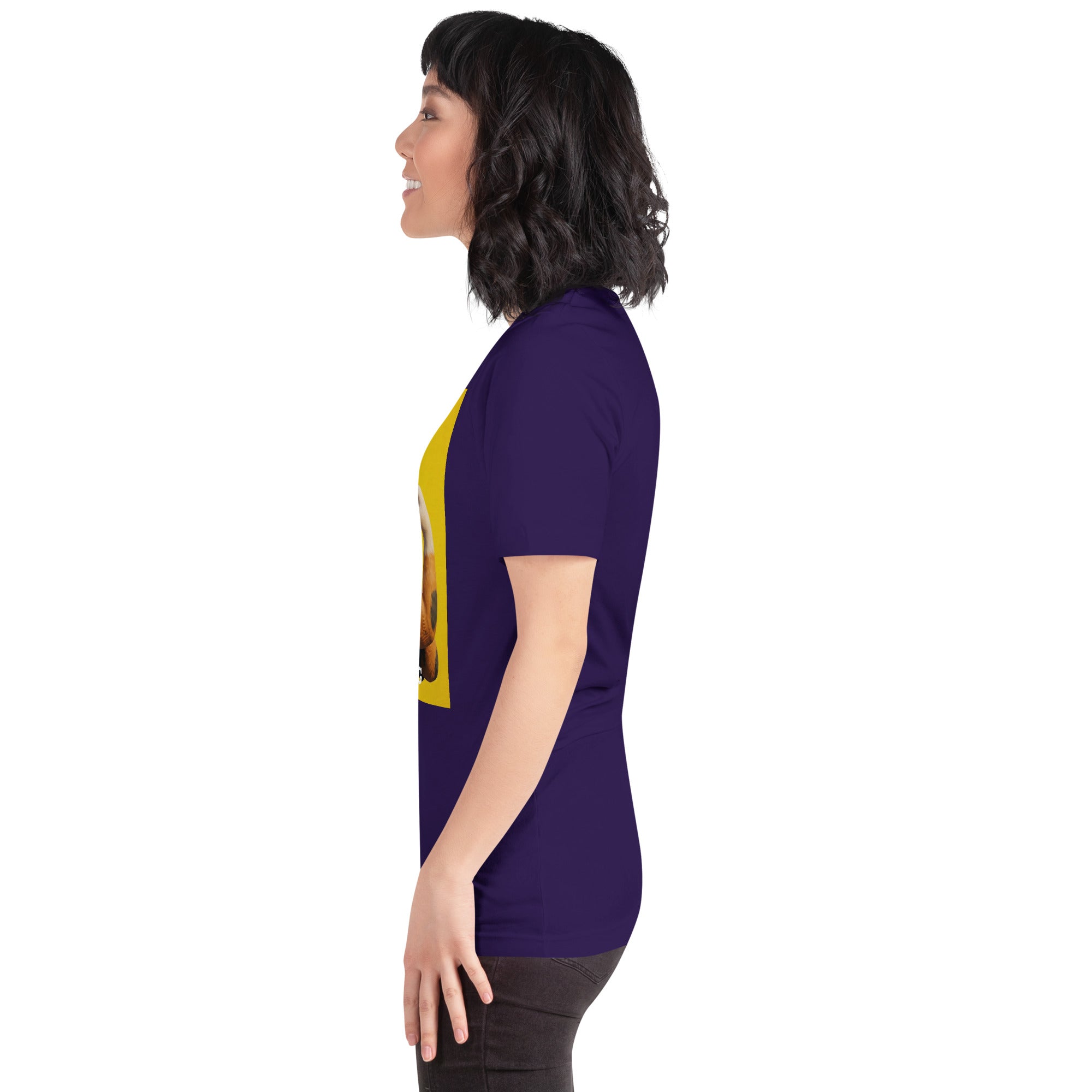 Model wearing Purple Still Fighting T-Shirt left side view