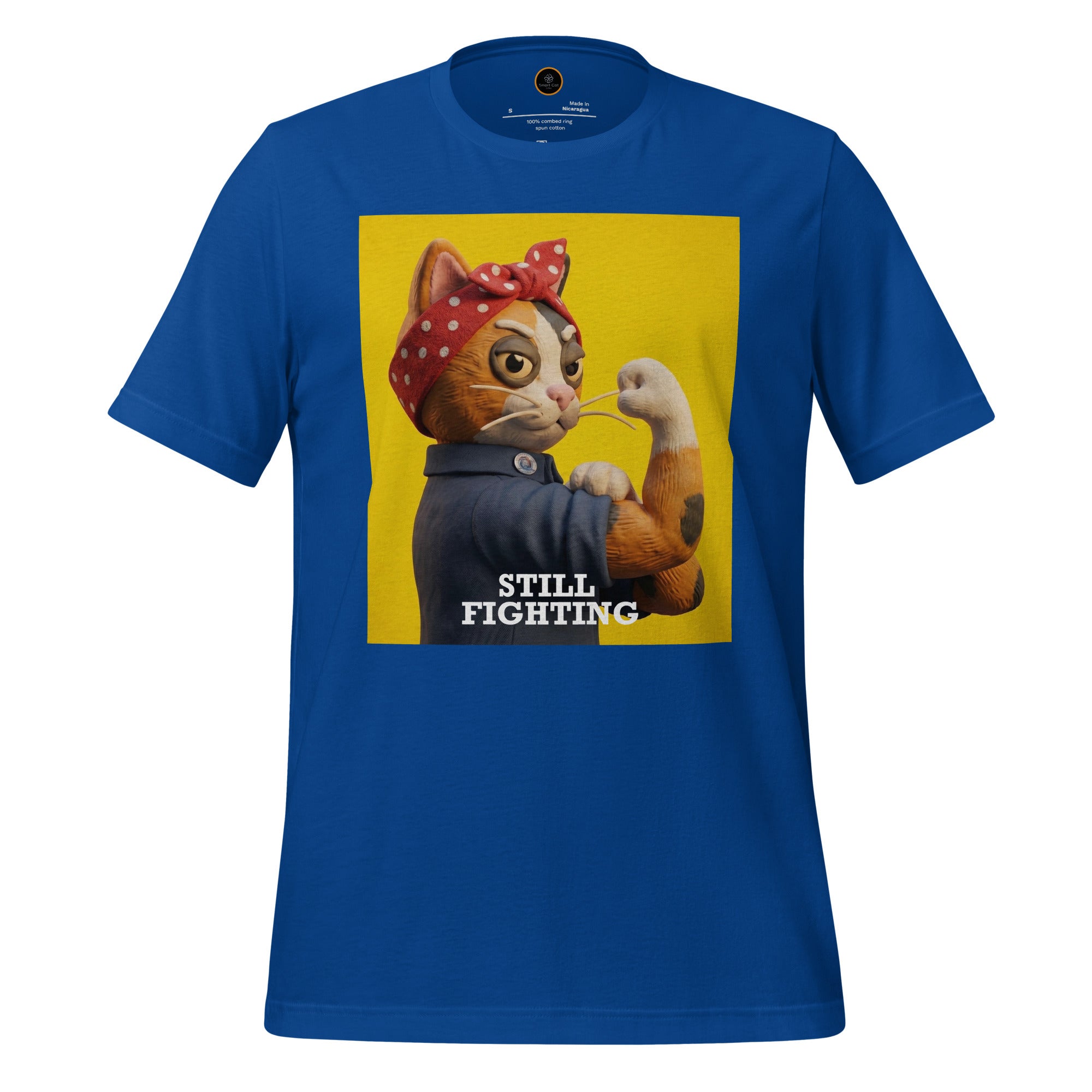 Royal Blue Still Fighting T-Shirt with multicolor pop-art graphic