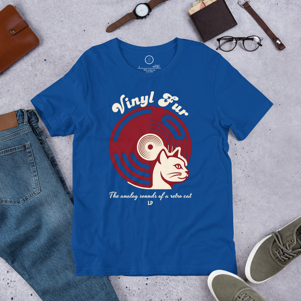 Royal blue Vinyl Fur T-shirt with vinyl record cat graphic, styled flat lay