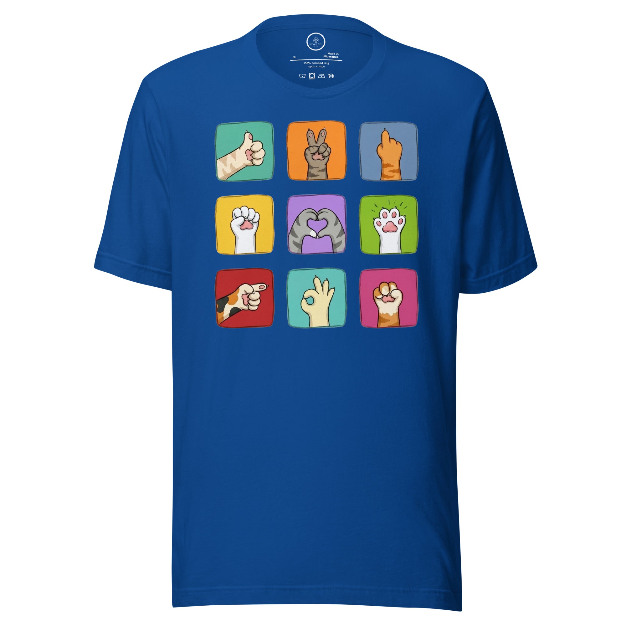 Blue t-shirt front view with colorful paw signals graphic grid