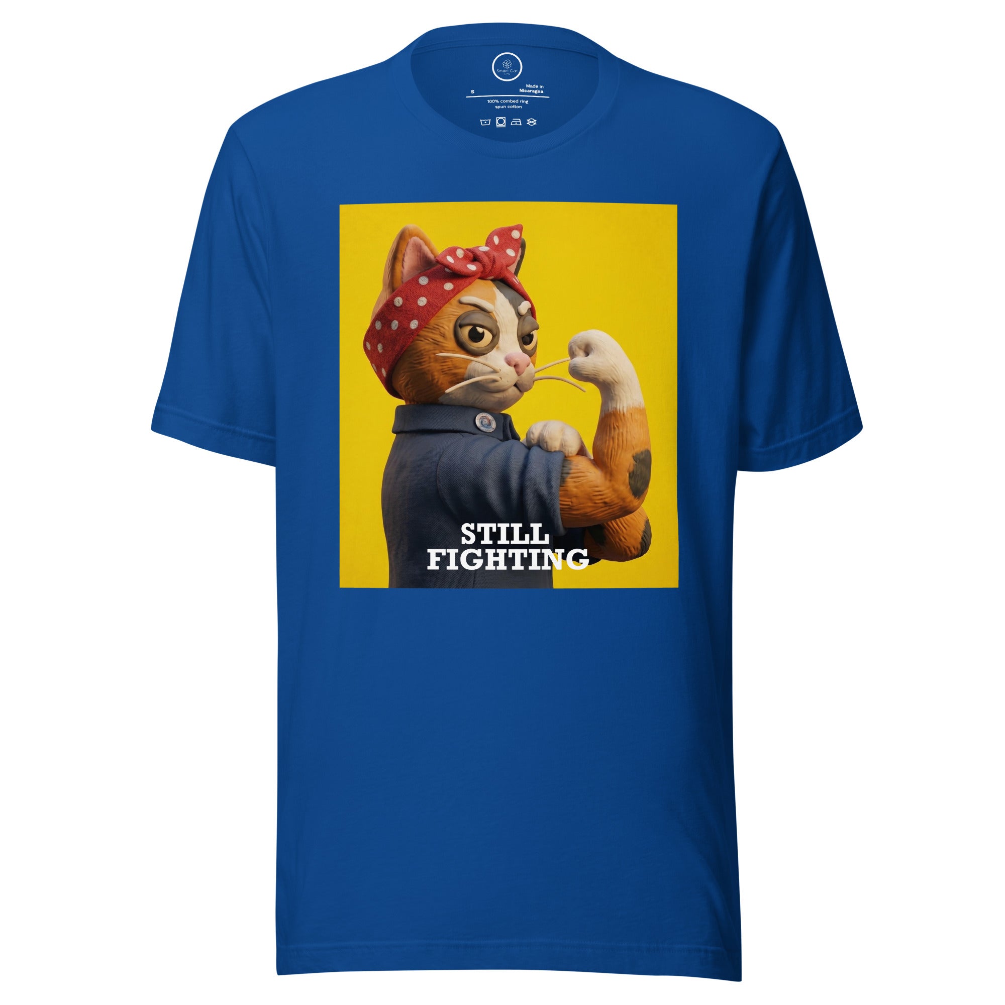 Royal Blue Still Fighting T-Shirt with multicolor pop-art graphic