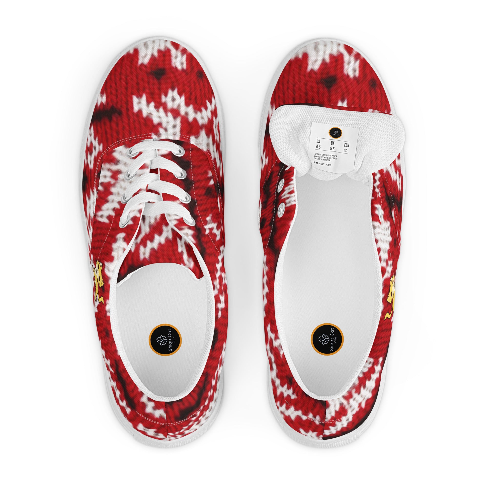  Low-top 'Knitty Kitty' sneakers featuring a vibrant red and white knit pattern.