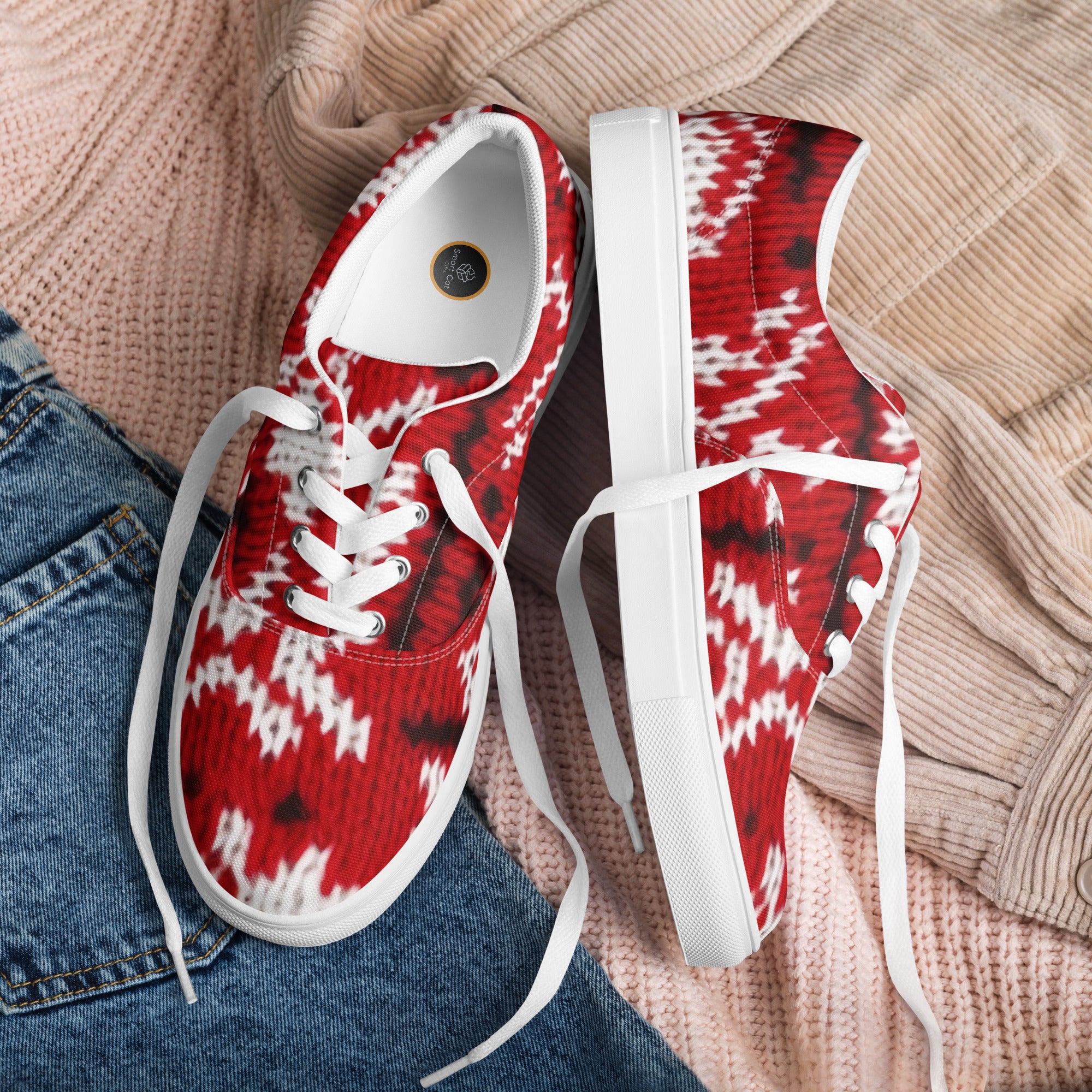  Low-top 'Knitty Kitty' sneakers featuring a vibrant red and white knit pattern.