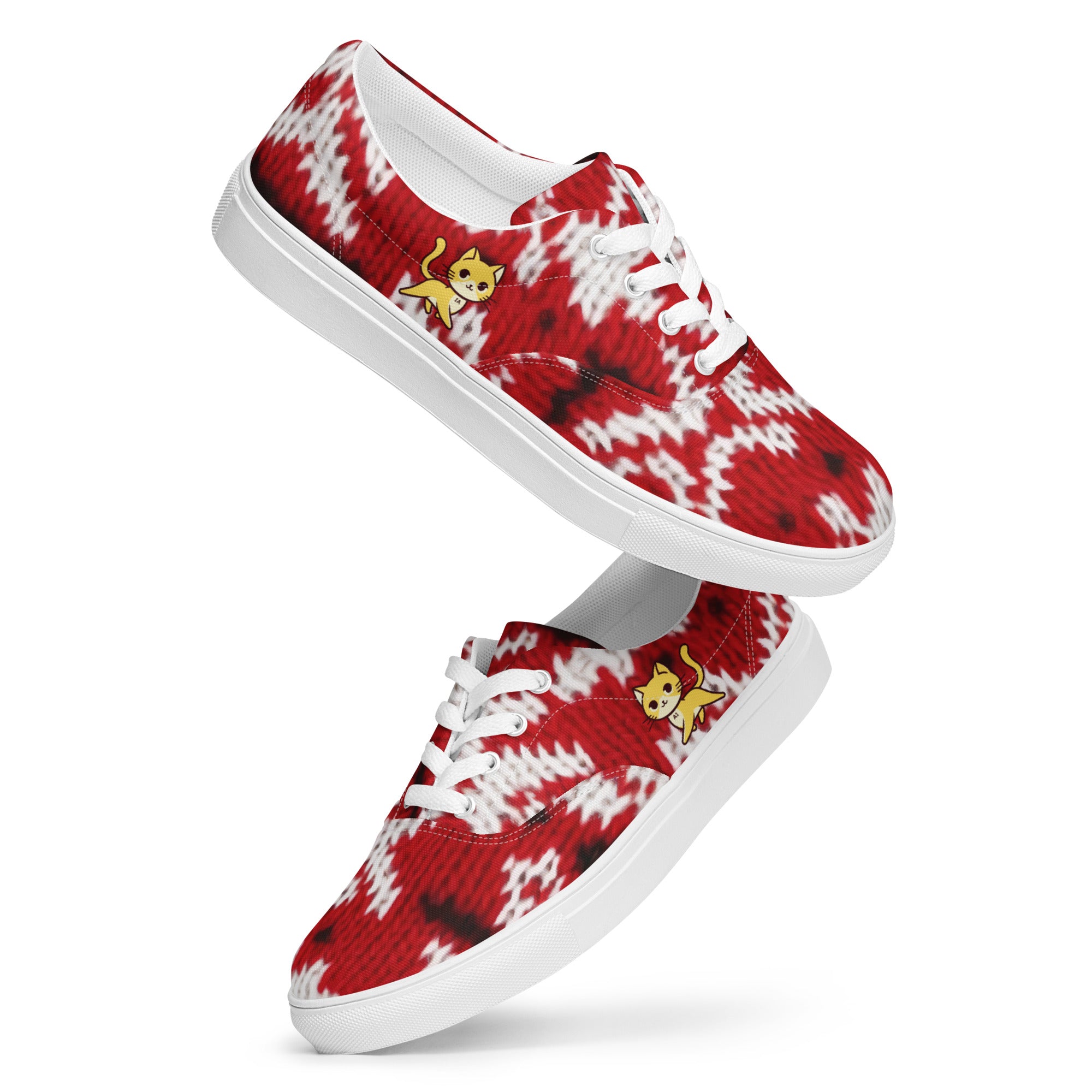  Low-top 'Knitty Kitty' sneakers featuring a vibrant red and white knit pattern and a playful yellow cat design.